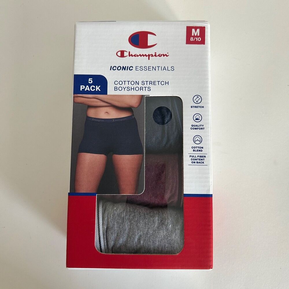 Champion Iconic Essentials Cotton Stretch Boyshorts Underwear 5 Pack Womens Size
